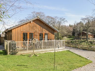 A wooden cabin with a fenced deck and patio furniture on a grassy lawn surrounded by trees at Holmedell in Greystoke
