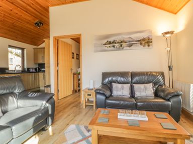 A living room with leather sofas a wooden coffee table floor lamp and a kitchen area at Holmedell in Greystoke
