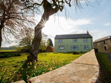 A green two-story house with several windows next to a stone wall and a tree with flowers in a grassy yard at Westmains Farm in Penton