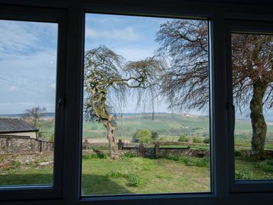 A view of a garden with trees and stone walls through a window at Westmains Farm in Penton