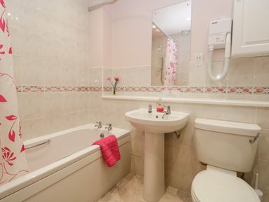 A bathroom with a bathtub a sink a toilet a mirror and a wall-mounted hairdryer at Treetops in Windermere