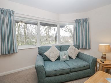 A sitting room with a blue sofa cushion pillows a side table with a lamp and windows with curtains at Treetops in Windermere