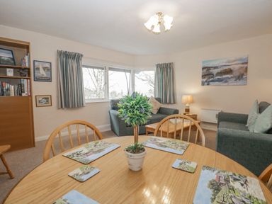 A dining table with placemats and a potted plant in a living room with sofas a coffee table a bookshelf and curtains at Treetops in Windermere