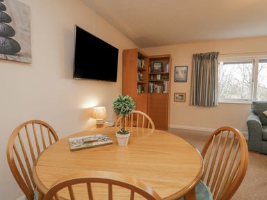 A dining area with a round wooden table and chairs a potted plant on the table a wall-mounted television wooden bookshelf a lamp a window with curtains and a gray armchair at Treetops in Windermere