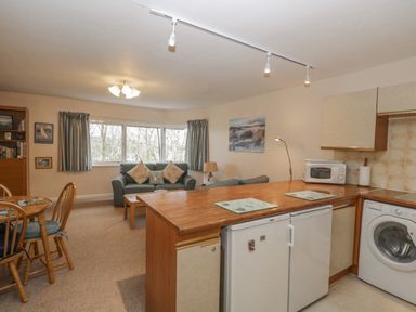 A combined kitchen and living room with two blue sofas and wooden dining table at Treetops in Windermere