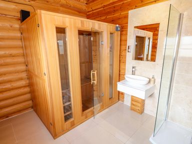 A bathroom with a wooden sauna cabin a sink with mirror and a shower enclosure at Ash Lodge in Greetham Rutland