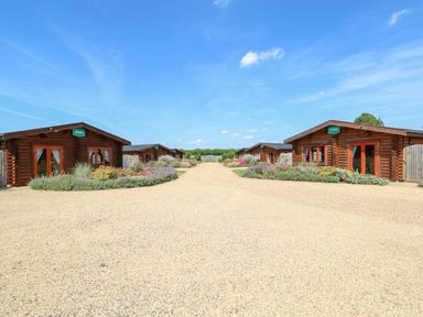 Four wooden lodges with gravel driveway and garden beds under a blue sky at Ash Lodge in Greetham Rutland