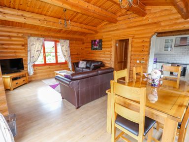 A living room with brown leather sofas a wooden dining table with chairs and a television on a stand at Willow Lodge in Greetham Rutland