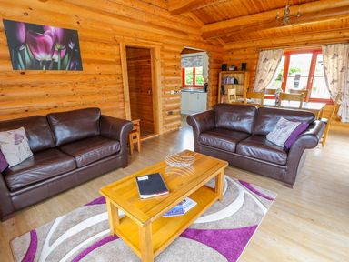 A living room with two brown leather sofas a wooden coffee table and a bookshelf at Willow Lodge in Greetham Rutland