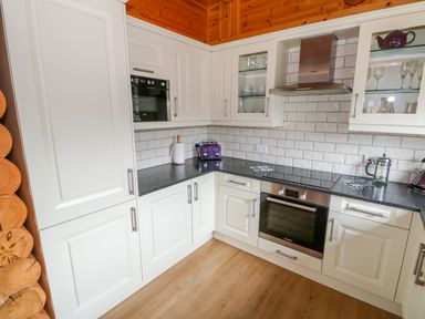 A kitchen with white cabinets black countertop and stainless steel appliances at Willow Lodge in Greetham Rutland