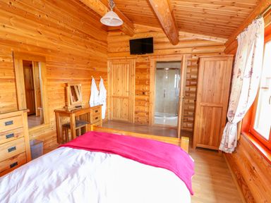 A bedroom with wooden walls and ceiling a bed a wooden wardrobe a dressing table with a mirror a wall-mounted TV and an ensuite shower at Sycamore Lodge in Greetham Rutland