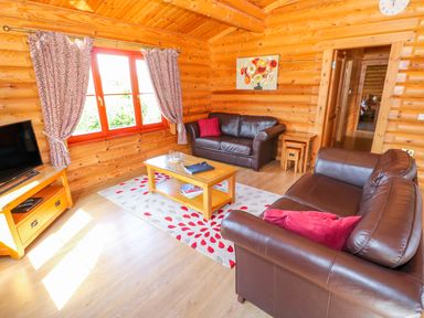 A living room with brown leather sofas a wooden coffee table a television and patterned curtains at Sycamore Lodge in Greetham Rutland