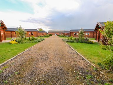 A courtyard with log cabins on both sides and a gravel path in the center at Sycamore Lodge in Greetham Rutland