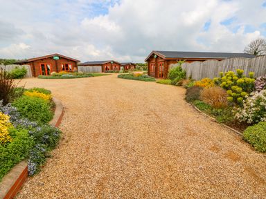 A gravel driveway leading to wooden cabins with garden beds on both sides at Cedar Lodge in Greetham Rutland