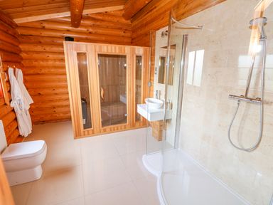 A bathroom with a shower, wooden sauna, toilet, and floating sink at Cedar Lodge in Greetham Rutland