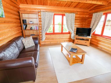 A living room with a leather sofa a wooden coffee table a bookshelf and a television at Cedar Lodge in Greetham Rutland