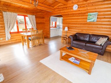 A living room with a brown leather sofa a wooden coffee table and a dining table with chairs in a log cabin living room at Cedar Lodge in Greetham Rutland