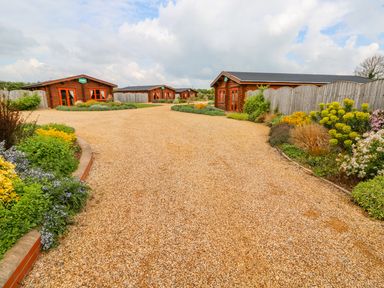 Gravel pathway surrounded by flower beds and wooden cottages with fences at Beech Lodge in Greetham Rutland