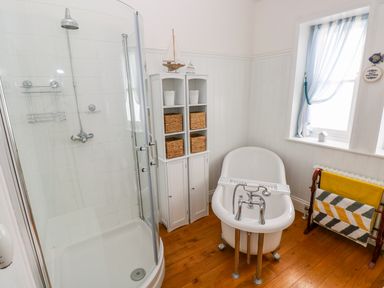 A bathroom with a shower enclosure a freestanding bathtub a white storage unit and a towel rack at Castle School House in Kidwelly