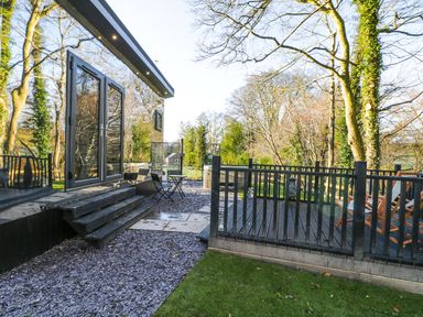 An outdoor patio area with steps leading to glass doors surrounded by trees and grass at Reflection in Longtown