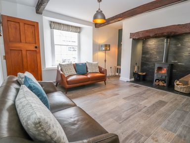 A living room with two sofas a wood burning stove and a window at Llys Alaw in Llangernyw