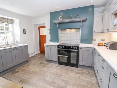 A kitchen with grey cabinets a black stove and a wooden door at Llys Alaw in Llangernyw