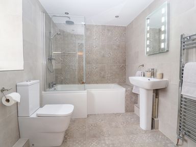 A bathroom with a toilet bathtub with shower and a sink at Llys Alaw in Llangernyw