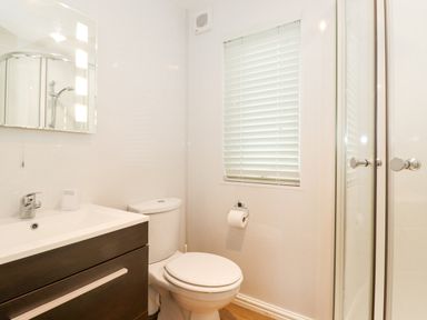 A bathroom with a toilet sink vanity mirror window blinds and a shower at 10 Thirlmere White Cross Bay near Troutbeck Bridge