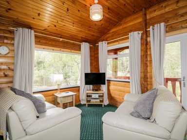A sitting area with two white armchairs a small wooden table with a lamp a TV on a stand and large windows at Eagle Lodge in Strathpeffer