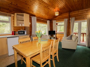 A wooden dining table with chairs a vase of flowers a kitchen area with a microwave kettle and fridge a living room with armchairs a television and windows at Eagle Lodge in Strathpeffer