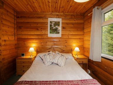 A bedroom with a bed pillows two bedside tables lamps a window and a picture on the wall at Eagle Lodge in Strathpeffer