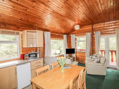 A wooden kitchen and living area with a dining table and chairs a microwave kettle and sofa at Otter Lodge in Strathpeffer