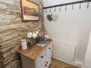 A corner with a wooden cabinet a radiator a wall-mounted coat rack and decorative items at Bwthyn Y Jacdo in Crymych