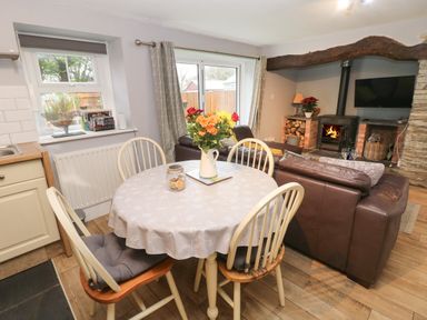A dining table with four chairs and flowers in a living room with a wood burning stove and a TV at Bwthyn Y Jacdo in Crymych