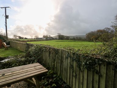 A wooden picnic table and wooden fence enclosing a grassy backyard with fields and trees in the distance at Bwthyn Y Jacdo in Crymych