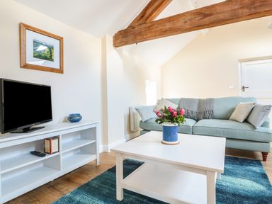 A living room with a light blue sofa a white coffee table with flowers and a white TV stand with a television and a framed picture at Granary 2 in Madley