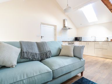 A kitchen and living area with a light blue sofa and pillows at Granary 2 in Madley