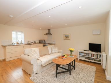 A living room with a sofa and coffee table facing a TV on a stand with books and board games and an open kitchen with cabinets and appliances at Granary 1 in Madley near Hereford