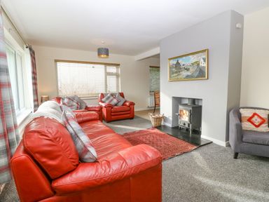 A living room with red leather sofas a wood-burning stove and a framed painting above it at Cae Glas Pwllheli
