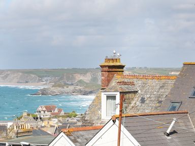 Rooftops with chimneys and seagulls overlooking the ocean and cliffs at An Drowes in Newquay