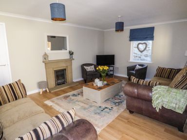 A living room with sofas a coffee table a fireplace and a television at Oakdene in Neyland