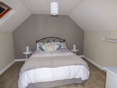 A bedroom with a bed and pillows two side tables with lamps and a ceiling light at Oakdene in Neyland