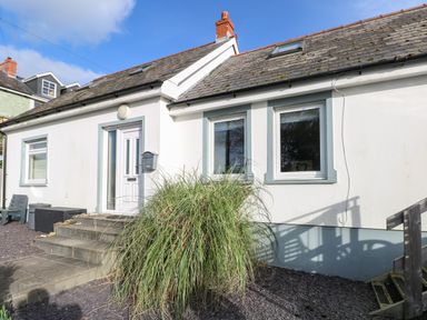 The exterior of a white house with a tiled roof steps leading to a white door two windows and a bush in front at Oakdene in Neyland