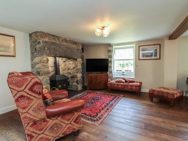A living room with a fireplace and seating at Plas Mawr in Groeslon