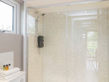 A shower area with a glass door a window and toiletries on a counter at Pheasant Lodge in Wimborne Minster