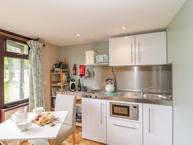 A kitchen with white cabinets a microwave sink kettle toaster and a small dining table with tea cups at Pheasant Lodge in Wimborne Minster