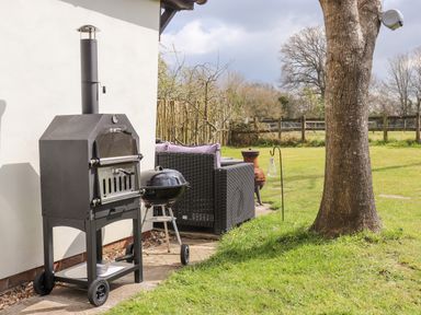 An outdoor patio area with a barbecue grill, wicker seating, a tree, and a grassy yard at Pheasant Lodge in Wimborne Minster