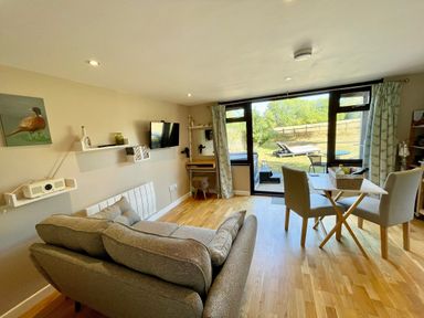 A living room with a sofa dining table and chairs and a TV next to large glass doors overlooking a garden at Pheasant Lodge in Wimborne Minster