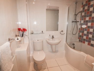 A bathroom with a toilet sink bathtub shower and flowers at 24 Rhodewood House in Saundersfoot