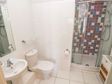 A bathroom with a toilet sink and shower with multicolored tiles at 24 Rhodewood House Saundersfoot